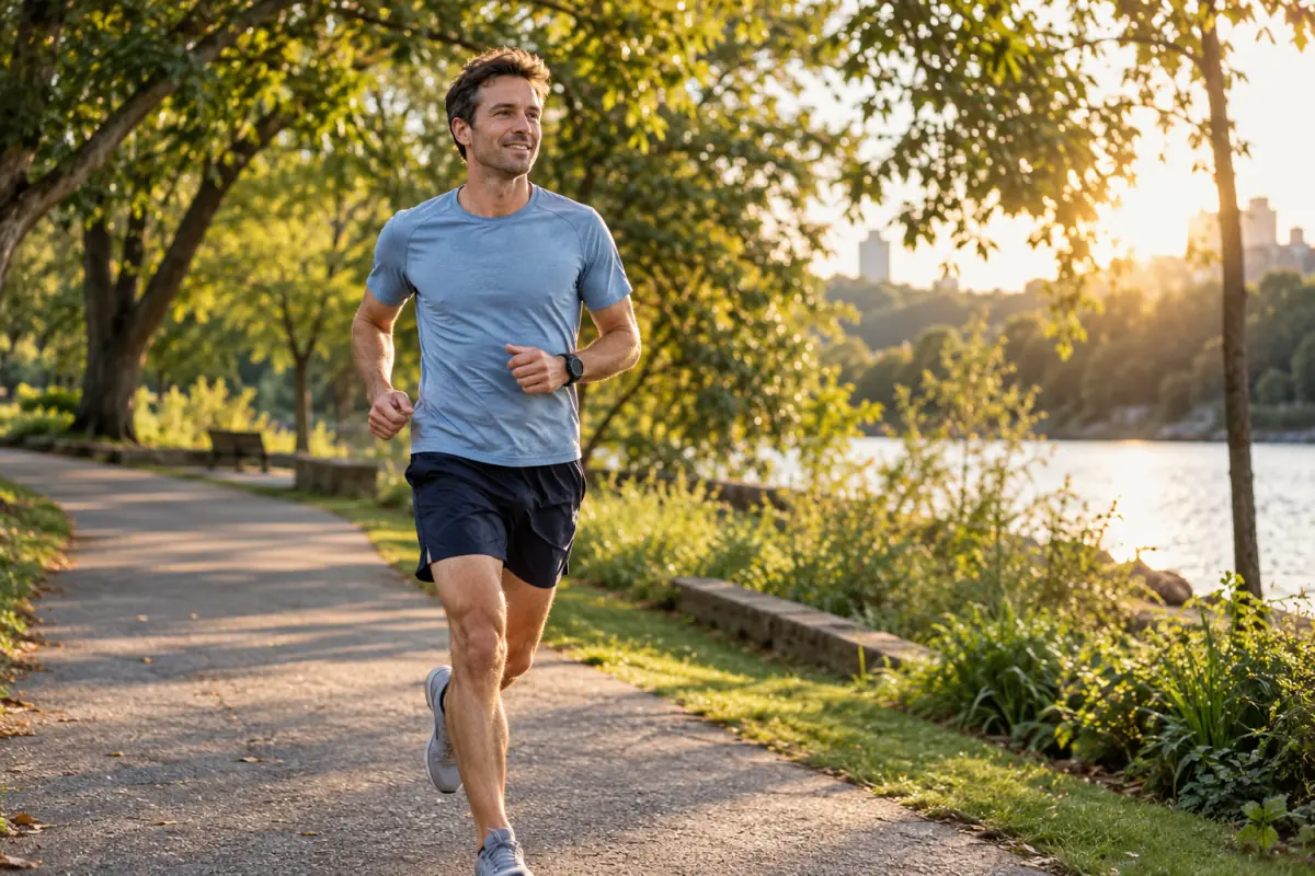 Läufer beendet einen kontrollierten Trainingslauf auf einem Parkweg