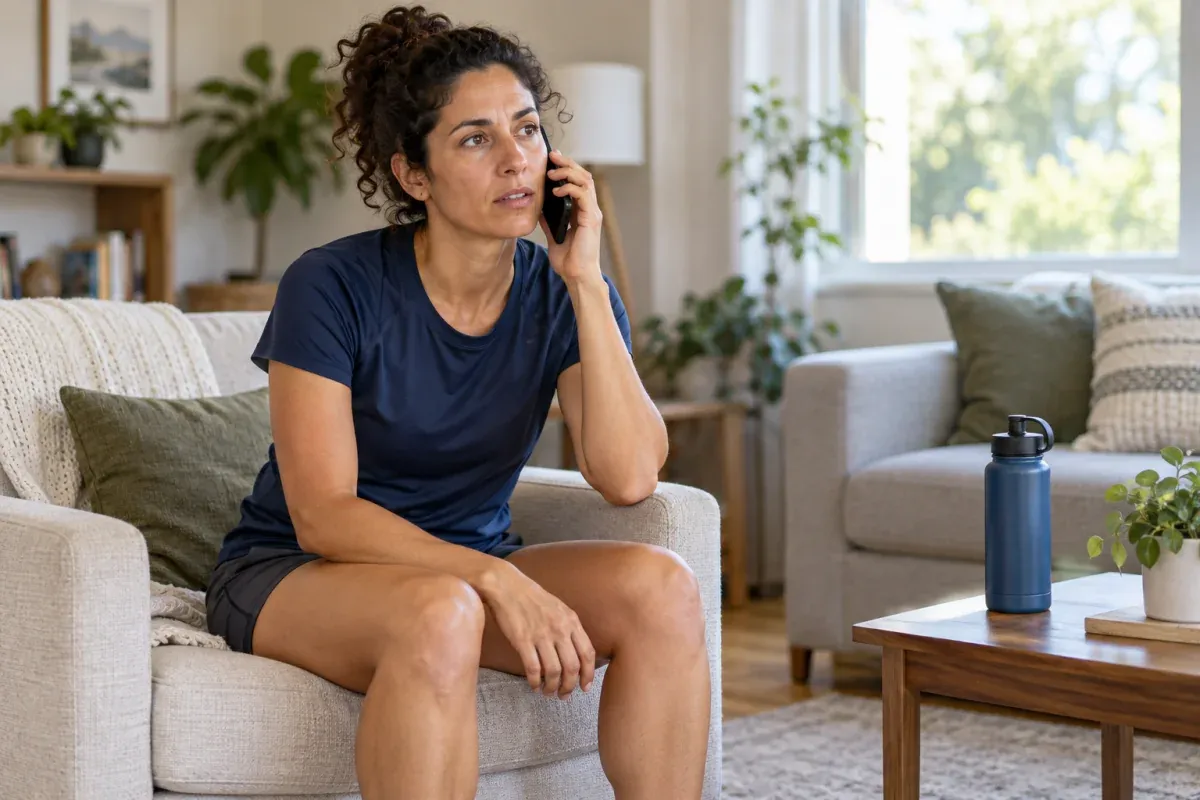 Runner seated with relaxed shoulders, making a phone call after pausing exercise