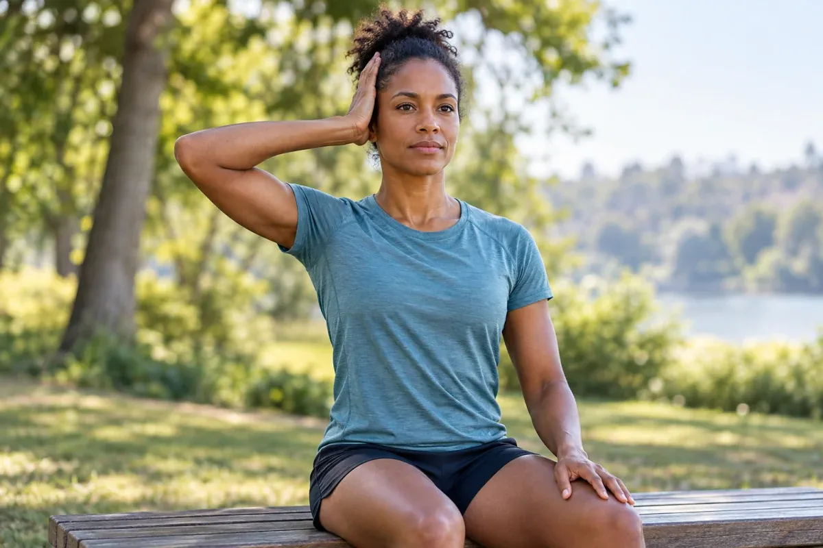 Runner sitting upright with her right palm above her right ear and shoulders relaxed
