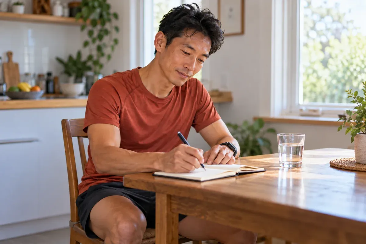 Runner writing in a notebook at a kitchen table with a glass of water nearby