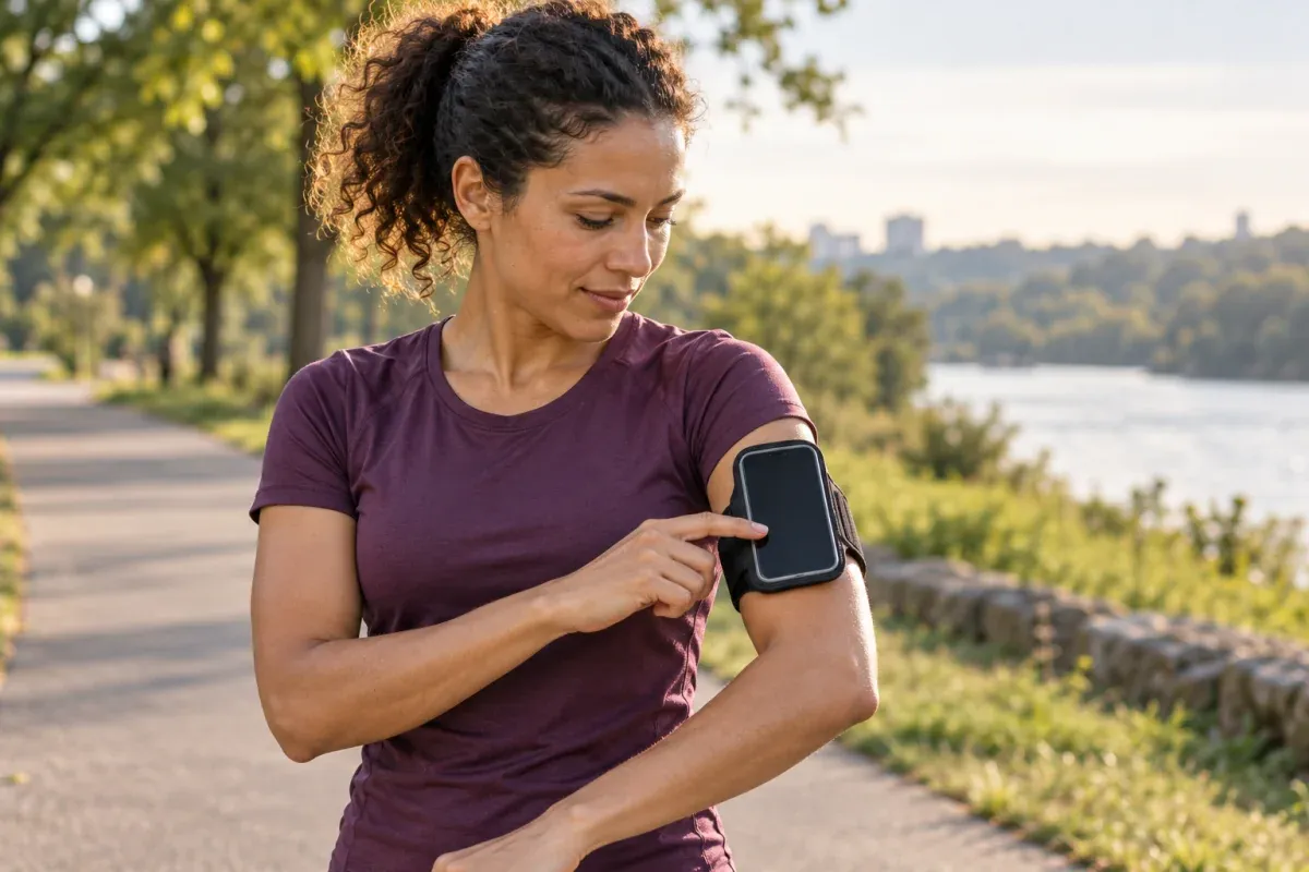 Runner paused beside a path reaching for a phone in an upper-arm armband