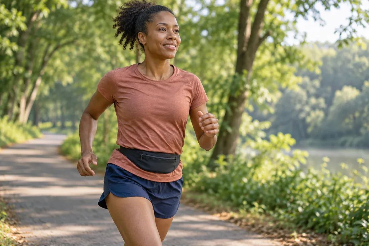 Runner moving along a park path with empty hands and a secured waist pocket