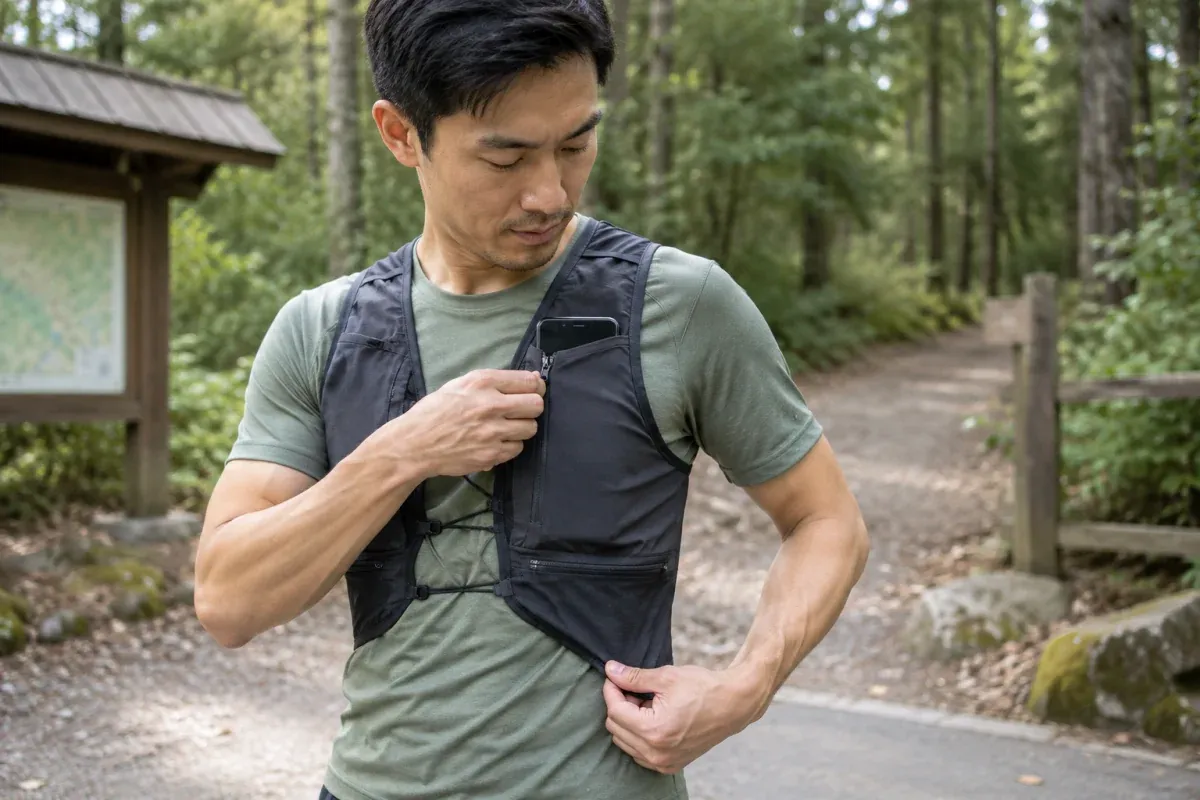 Runner securing a phone in a close-fitting vest chest pocket