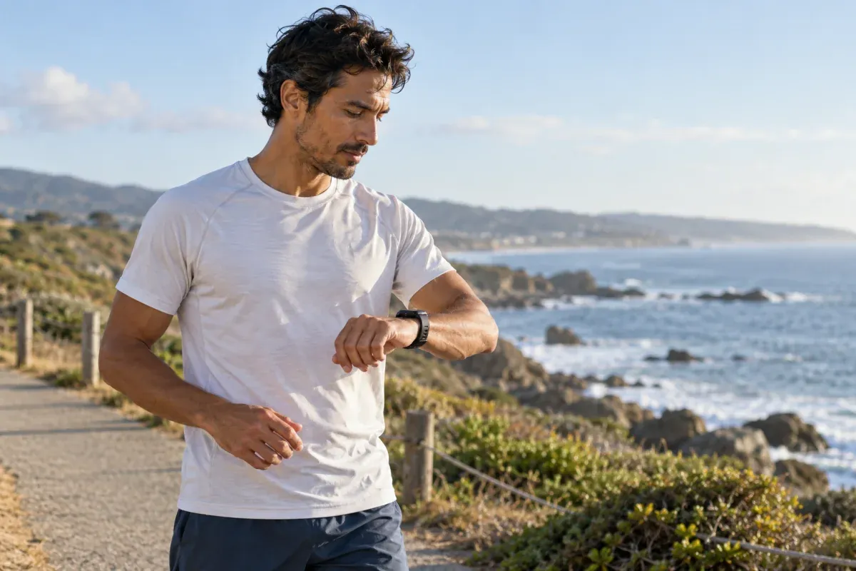 Runner checking a sports watch beside a coastal path with no phone in hand