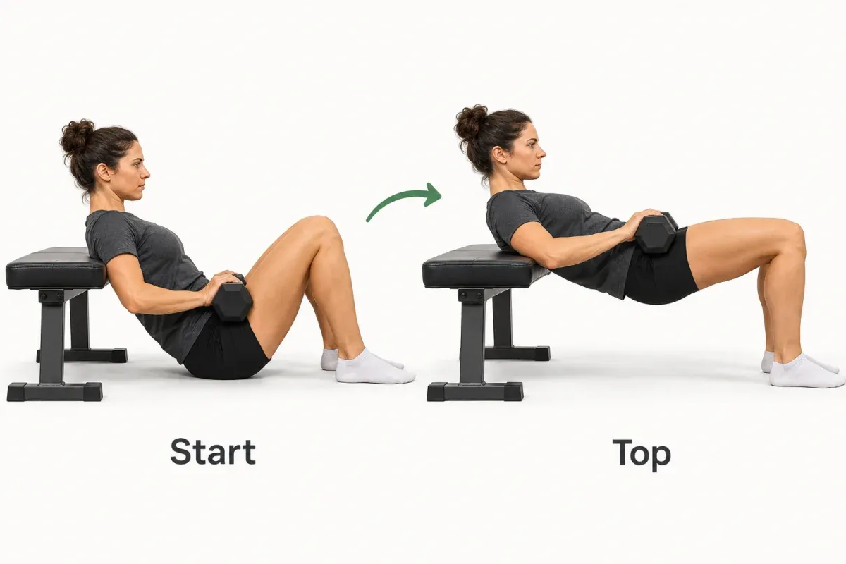 Two-panel drawing of a dumbbell hip thrust: hips low with upper back on a bench, then raised level with shoulders and knees