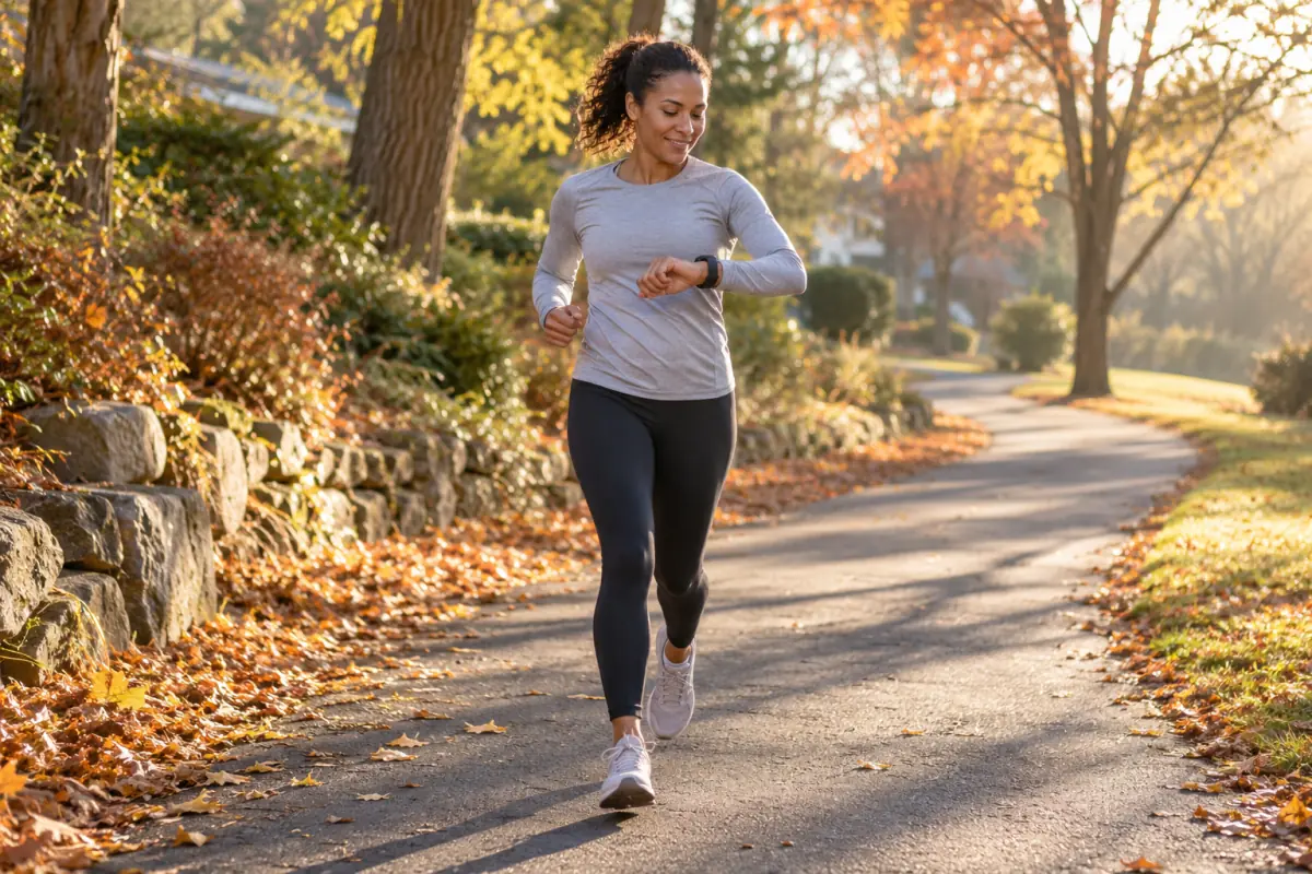 Runner jogging at an easy pace on a quiet autumn park path while glancing at her watch