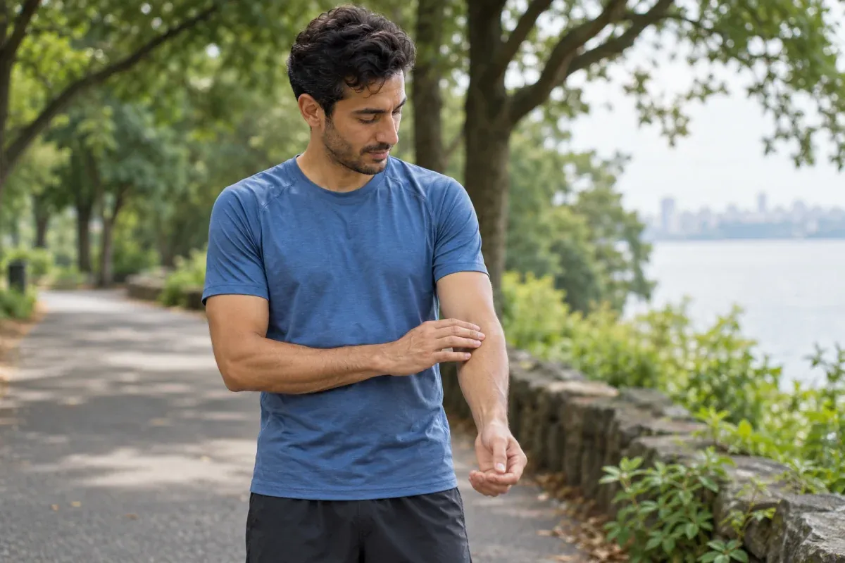 Runner gently checking his forearm during a pause beside a park path