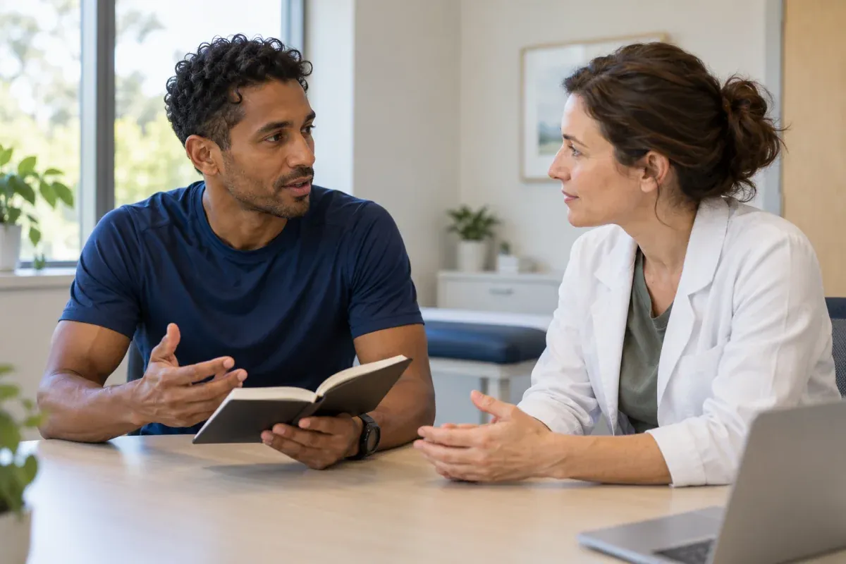 Runner discussing symptom notes with a clinician across a table