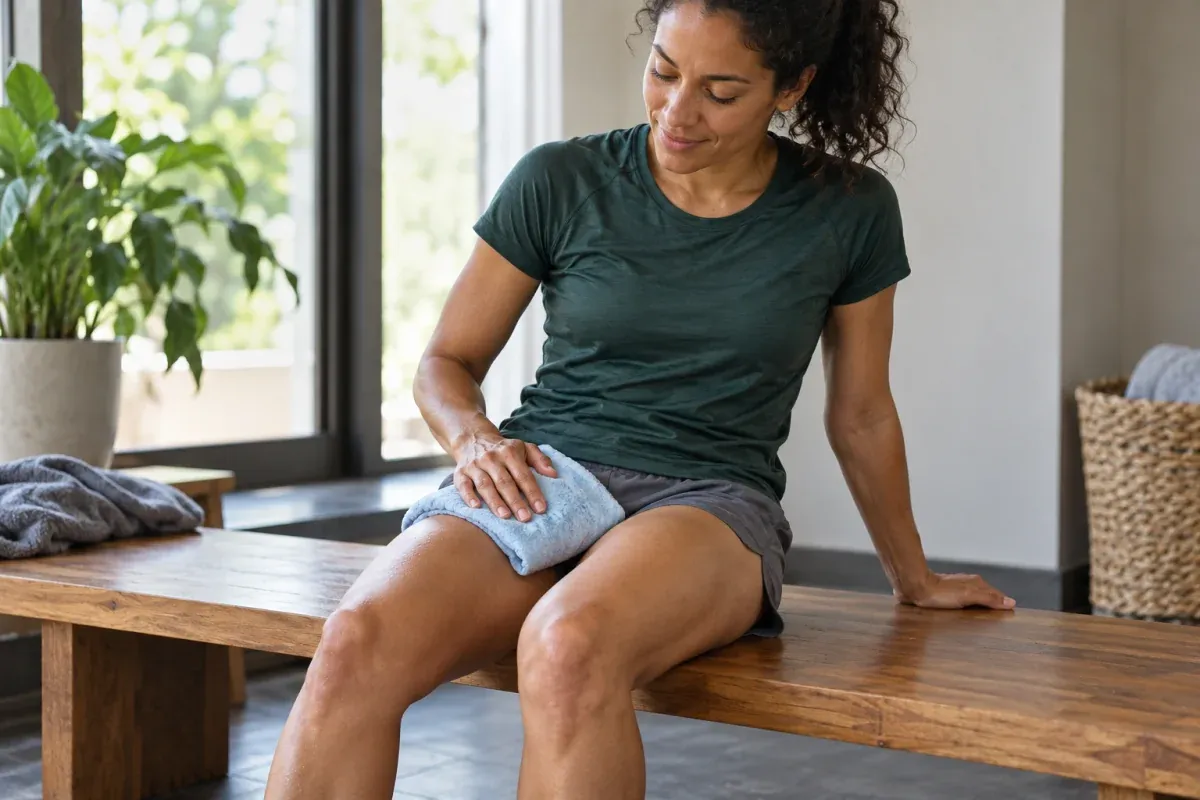 Runner resting a folded cool cloth on her thigh after a run