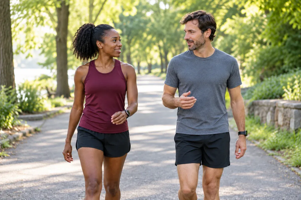 Two runners walking side by side during a gradual warm-up on a park path