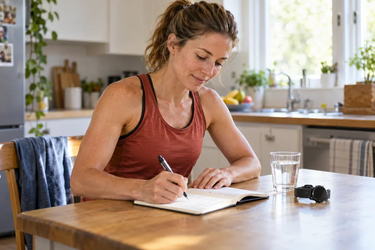 Runner writing post-run notes in a notebook beside a glass of water
