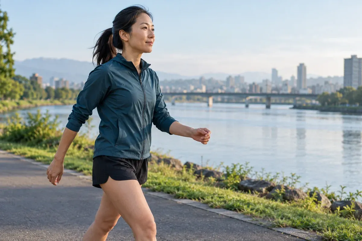 Runner taking a relaxed walking start along a riverside path