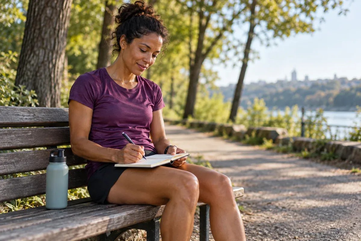 Runner reviews a small training notebook on a park bench after a run