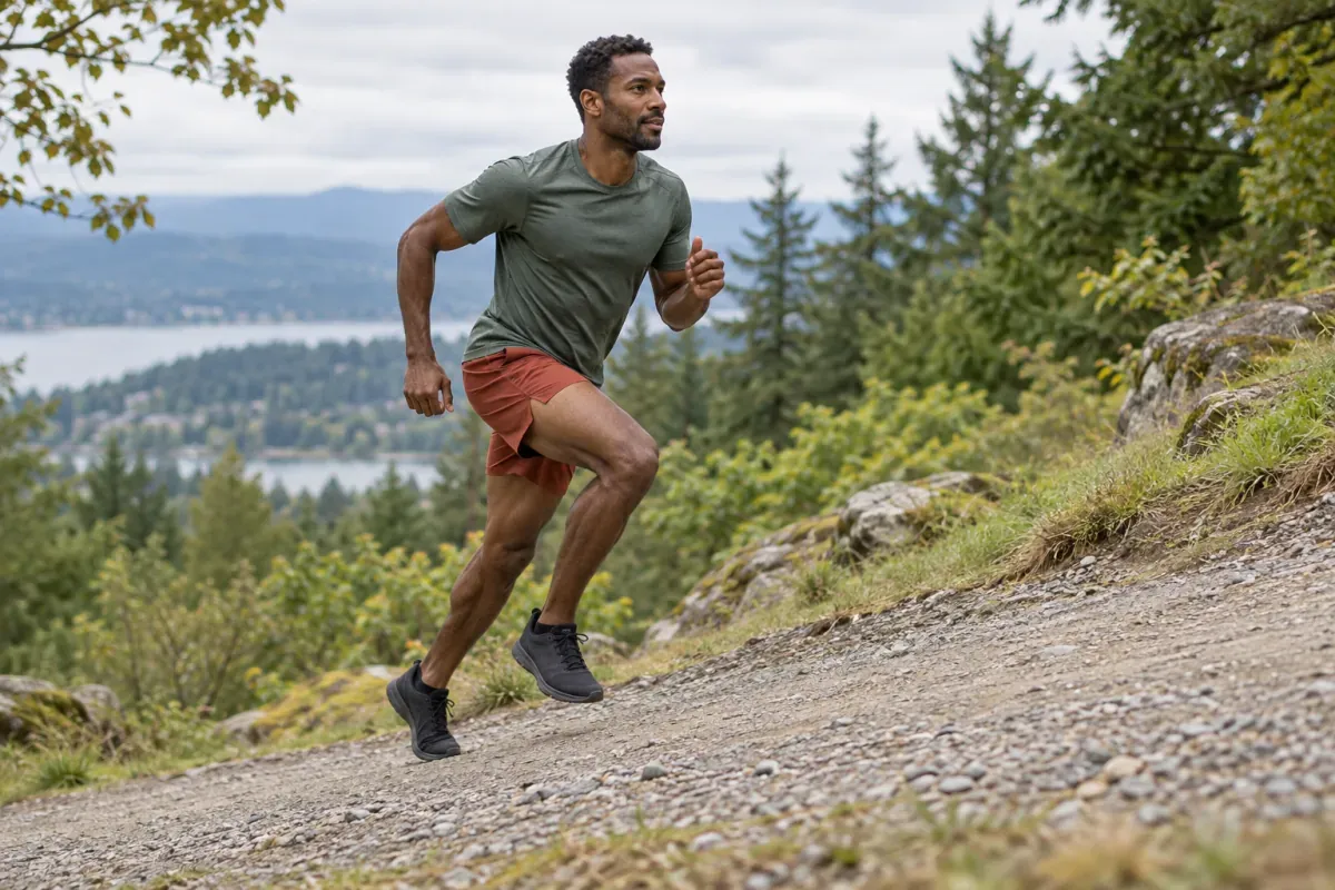 Runner climbs a gentle gravel hill with a controlled stride and active arm swing
