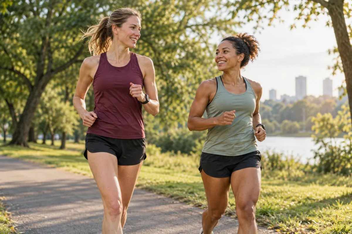 Two runners with different natural builds jog together on a quiet park path