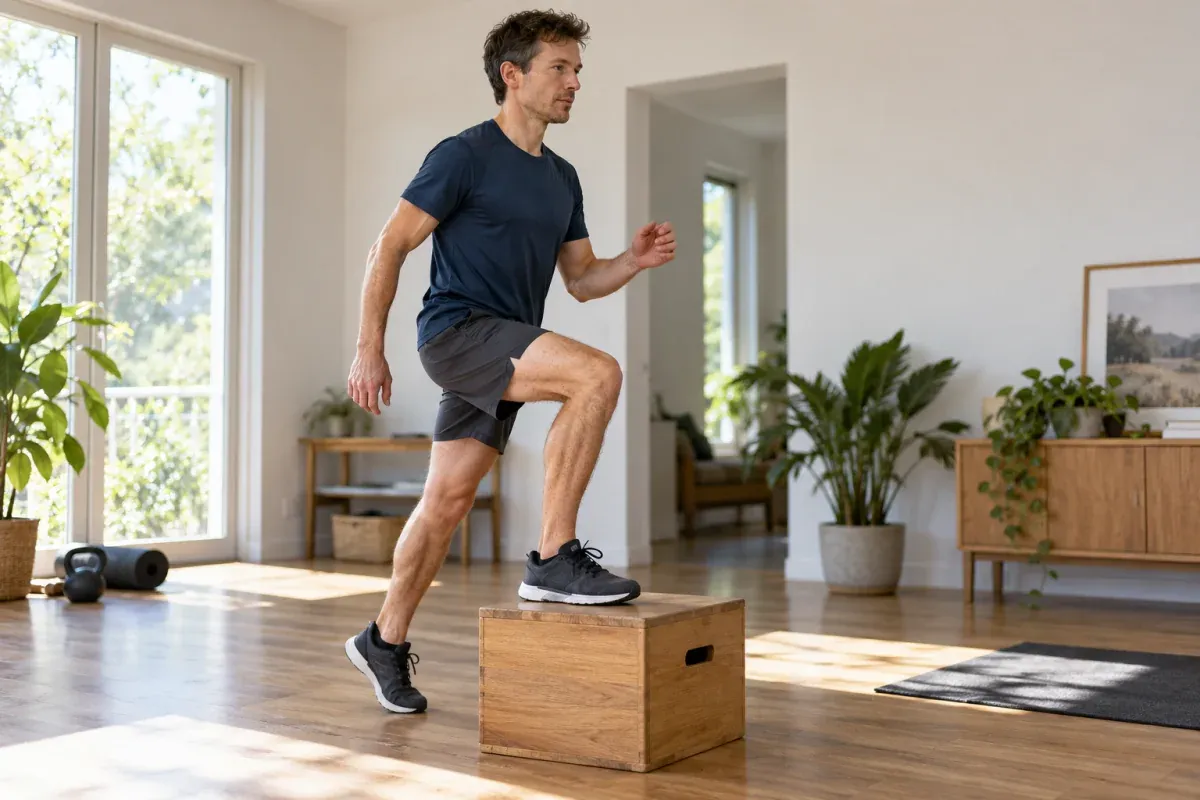 Runner begins a controlled step-up with one foot fully supported on a low stable platform