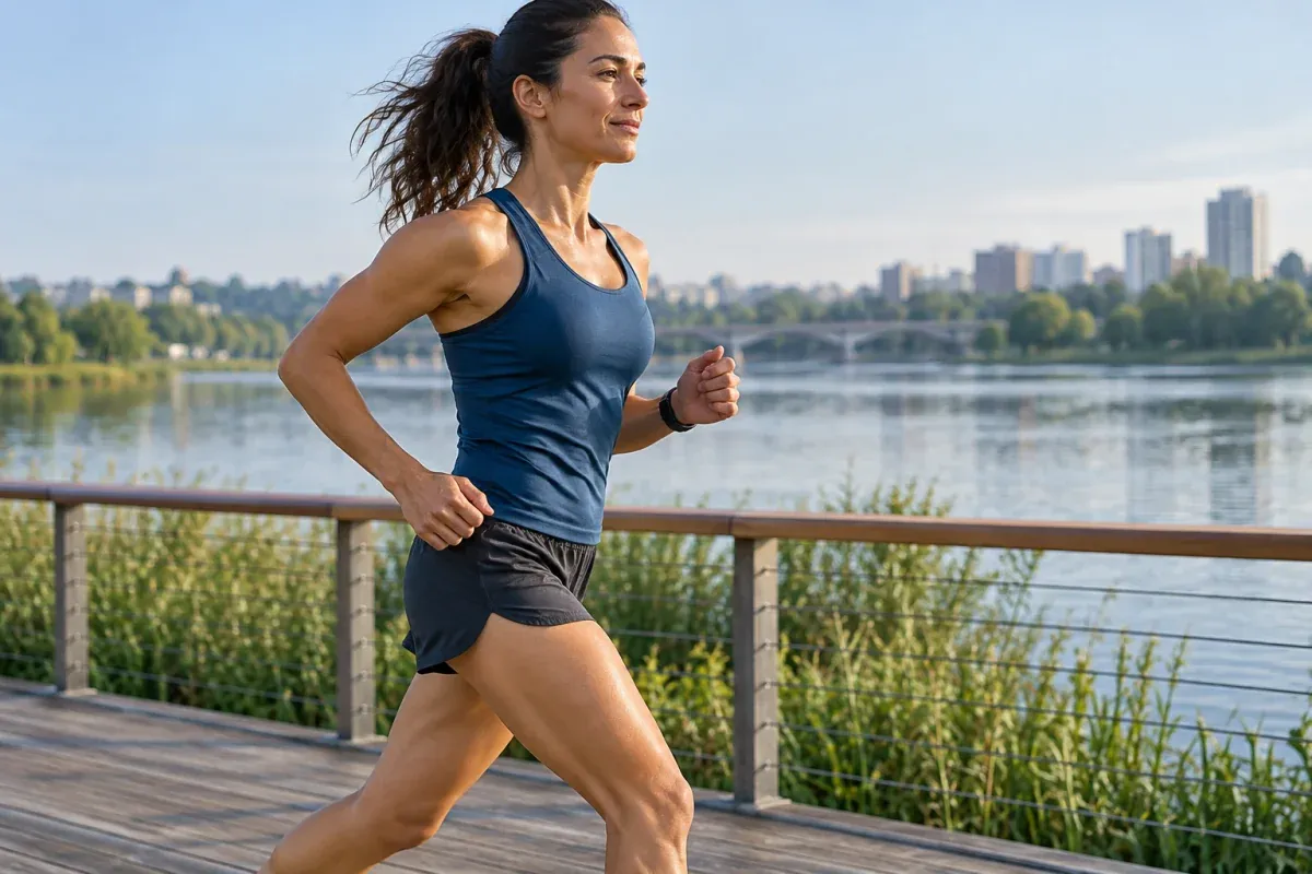 Runner moves along a riverside boardwalk with a relaxed stride and naturally defined legs