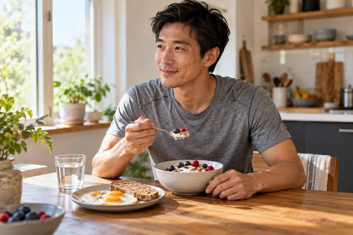 Runner eats yogurt, oats and berries with eggs and toast nearby after training