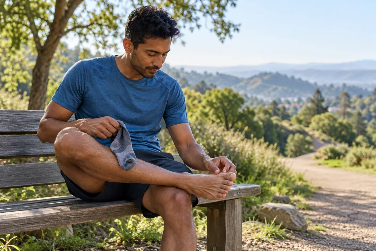 Runner seated on a park bench checking a bare foot after removing a sock