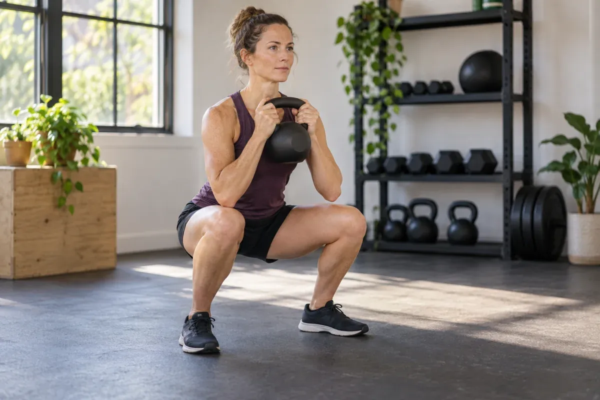 Corredora faz um agachamento controlado segurando um kettlebell perto do peito