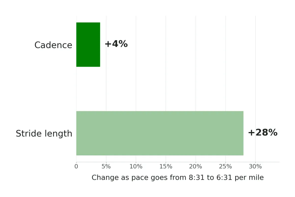 Bar chart: from an 8:31 to a 6:31 mile pace, runners' cadence rose 4% while stride length rose 28%