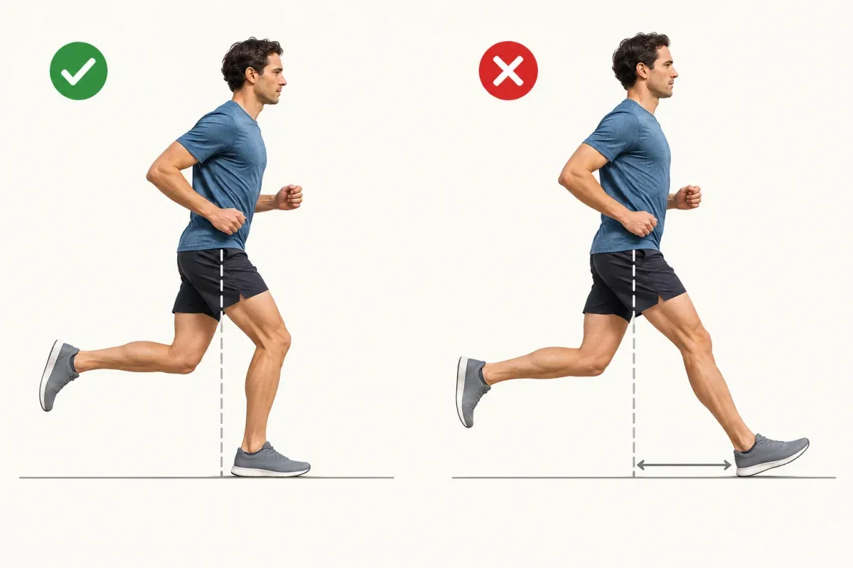 Side-view diagram of two runners landing: one foot close under the hips with a bent knee, one reaching far ahead