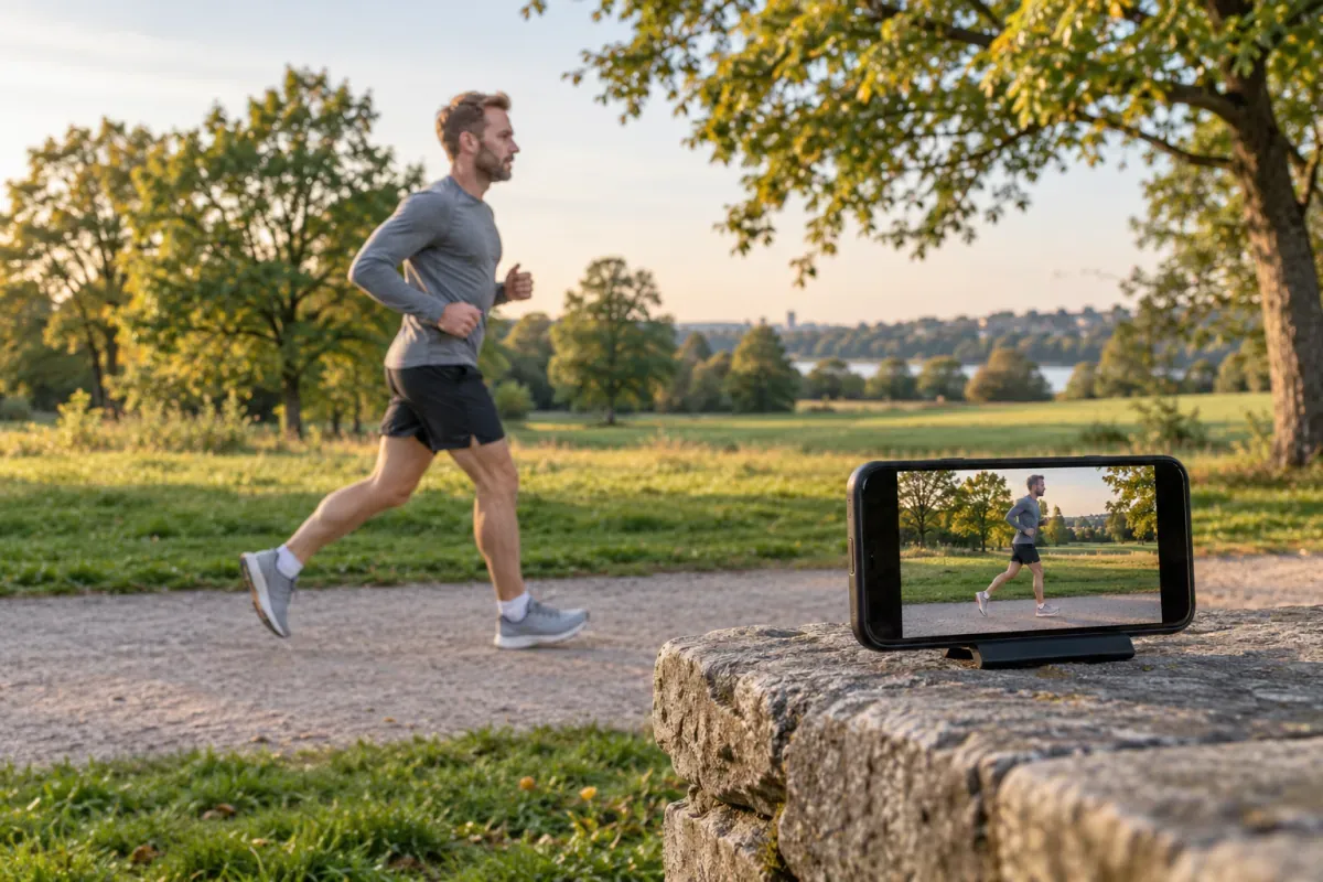 Smartphone propped on a low stone wall filming a runner as he passes along a park path