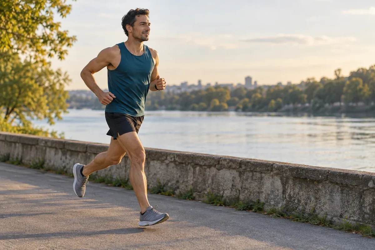 Runner in a teal singlet taking a relaxed forward stride along a paved riverside path