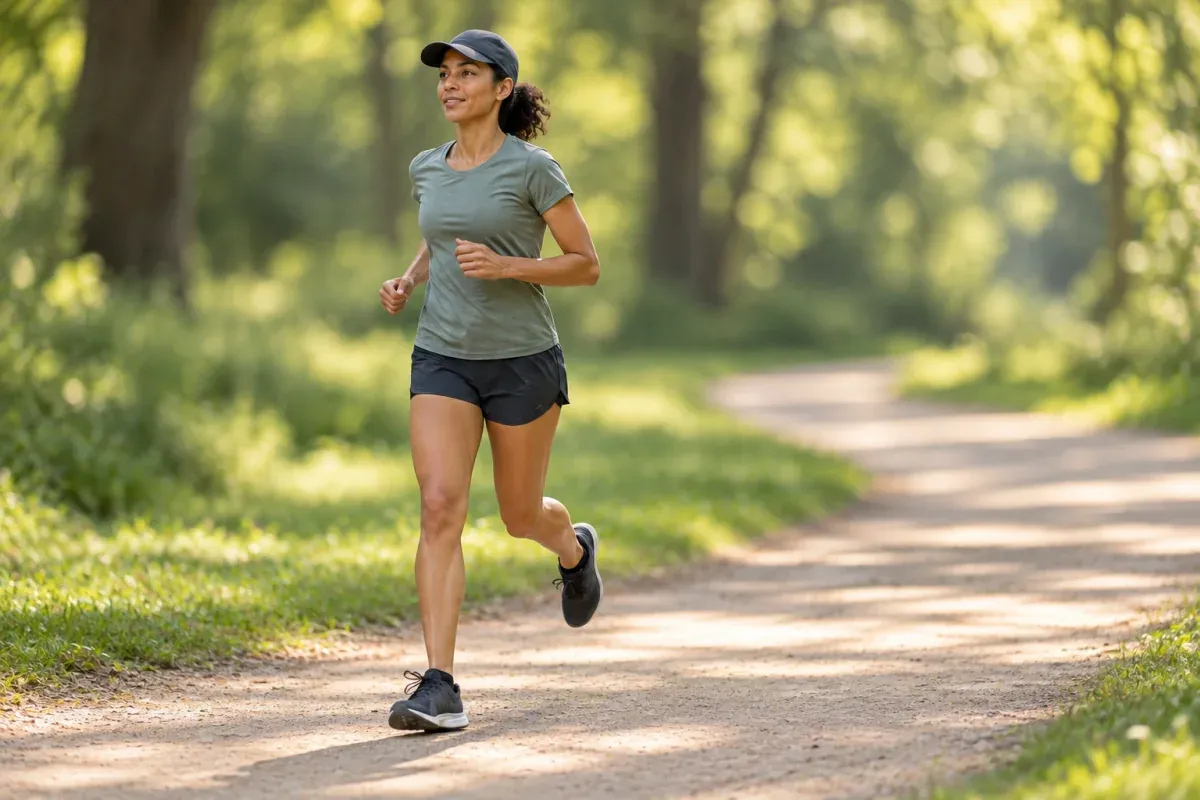 Runner with relaxed shoulders keeping an easy stride on a shaded gravel path