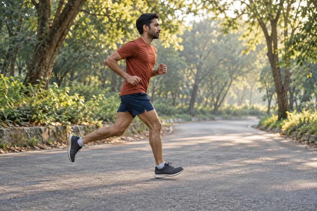 Runner moving forward at a steady pace along a quiet paved park road