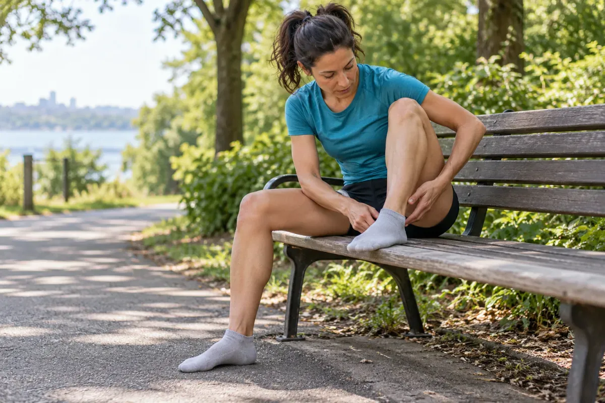 Läuferin prüft auf einer Parkbank ihre Ferse im Socken