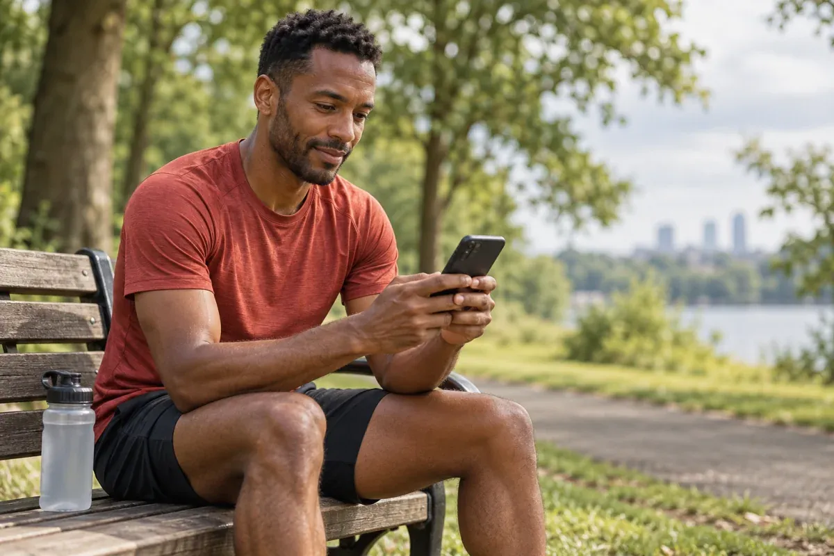 Läufer schaut nach dem Lauf auf einer Parkbank auf sein Smartphone