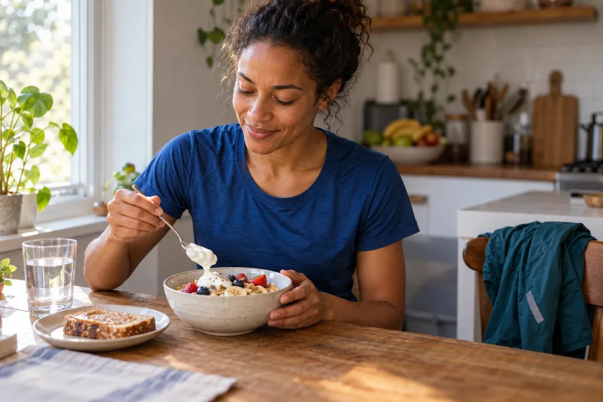 Corredora prepara uma tigela de aveia, iogurte e frutas à mesa da cozinha