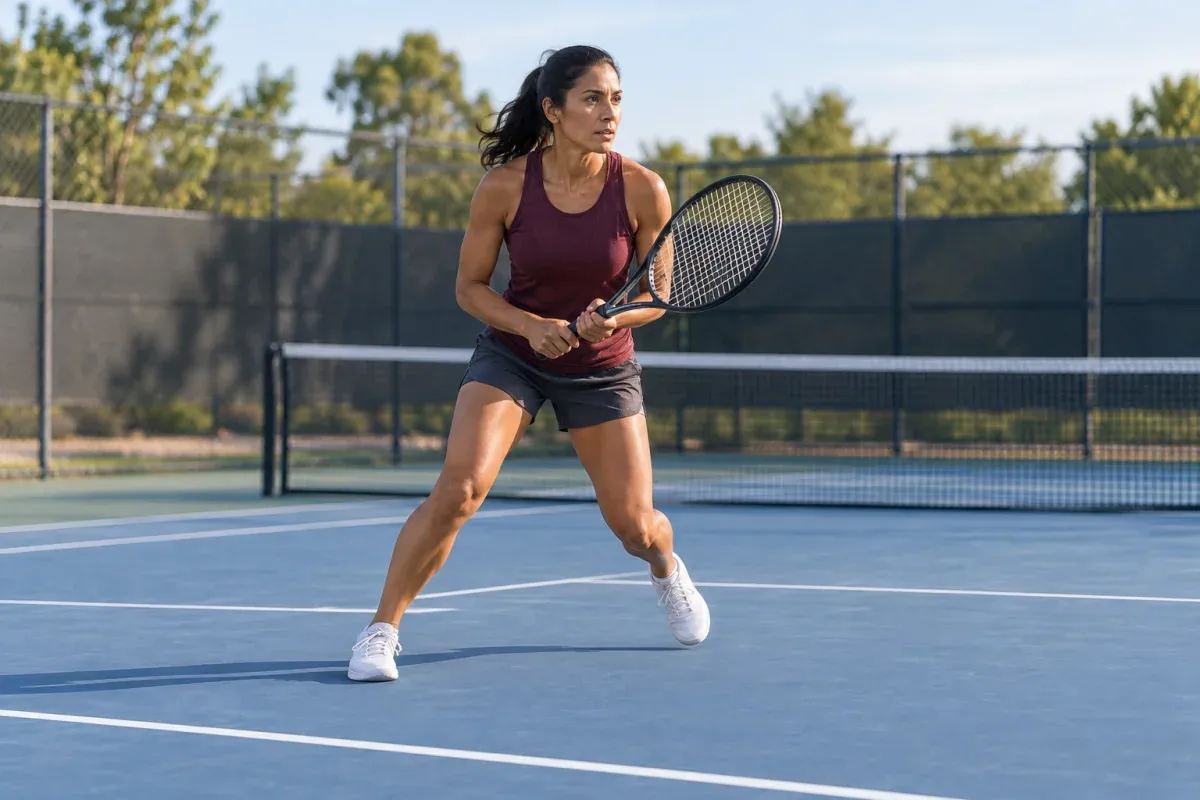 Tennis player holding a racket while making a controlled sideways step on a blue court