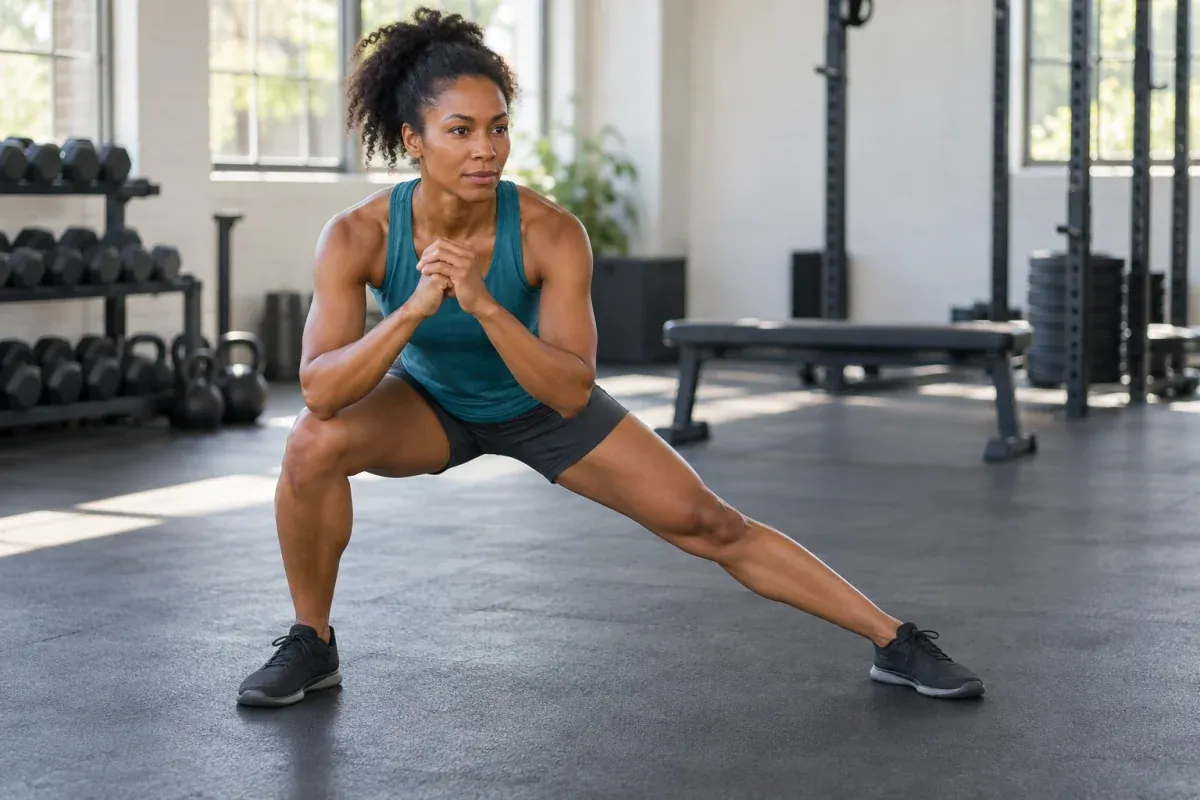 Runner performing a controlled lateral lunge on a gym floor