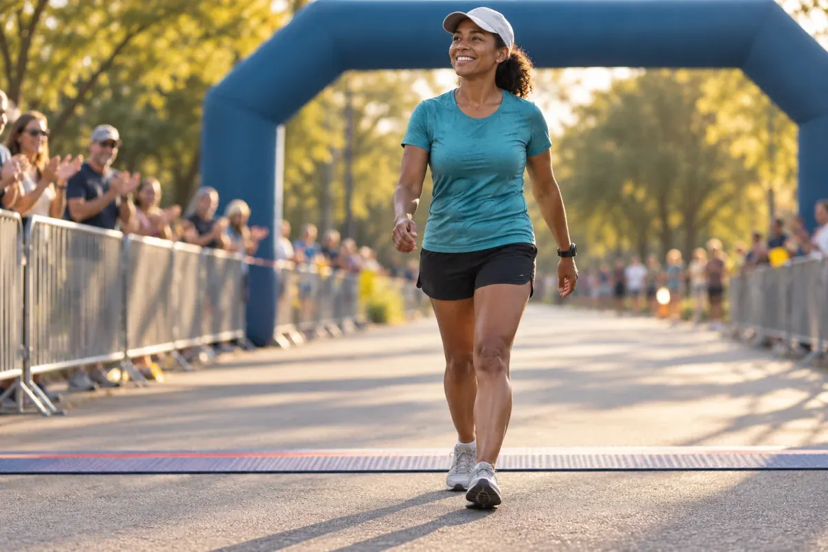 Woman walking through an unbranded finish chute with a proud smile