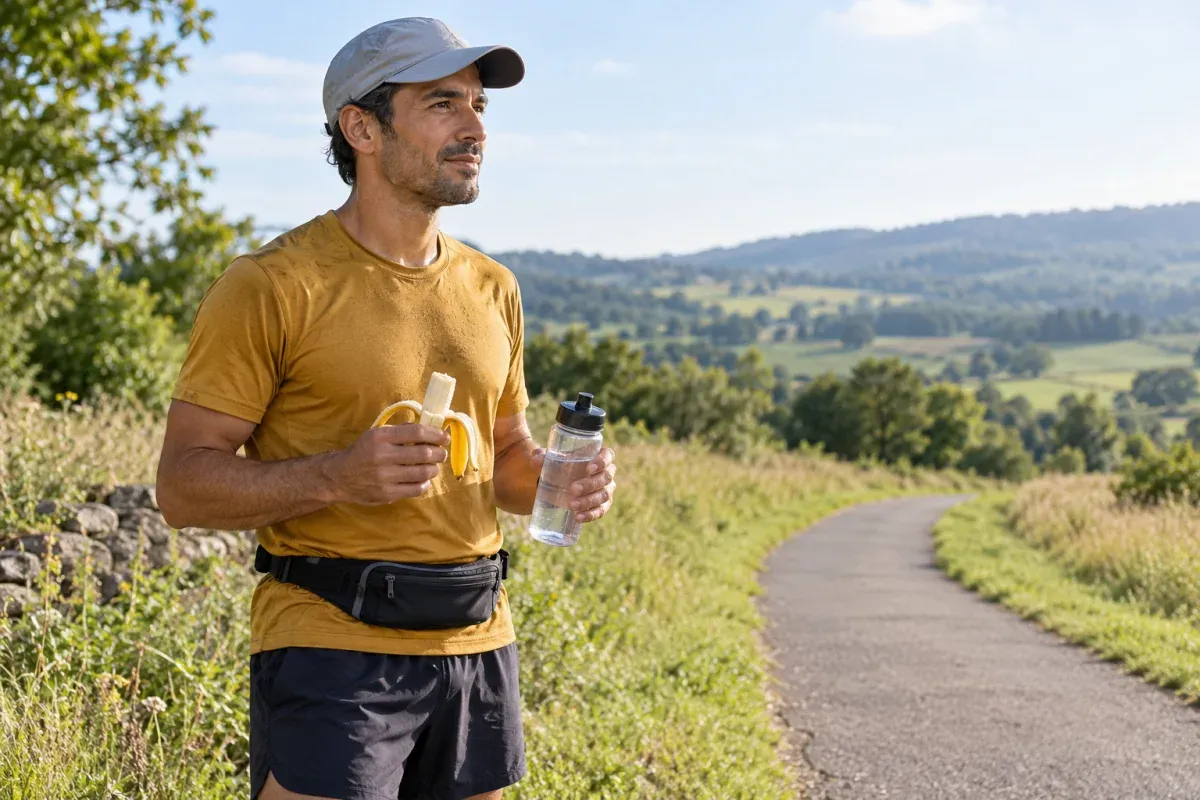 Walker holding a banana and water bottle during a break beside a rural path