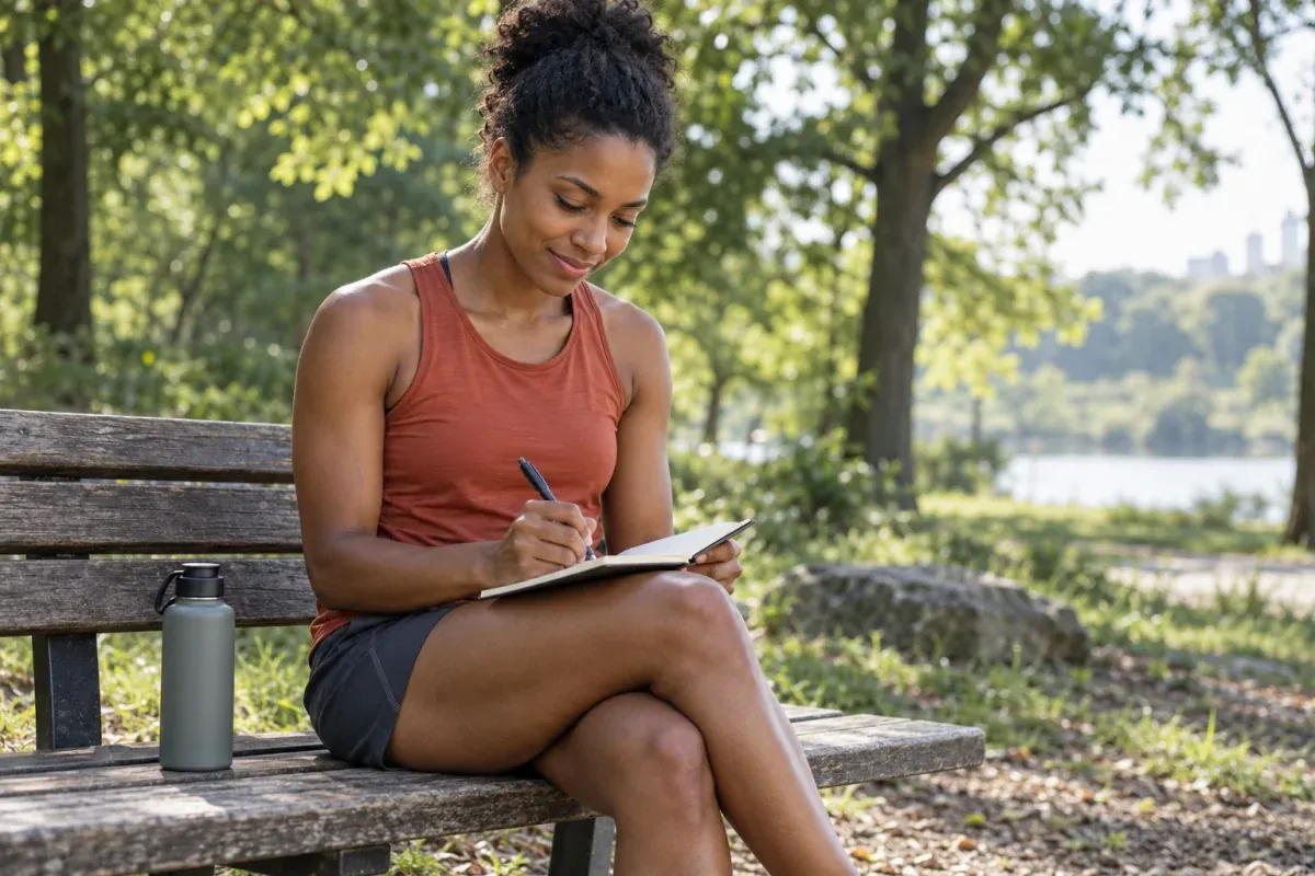 Corredora faz uma breve anotação de treino em um caderno pequeno, sentada em um banco de parque