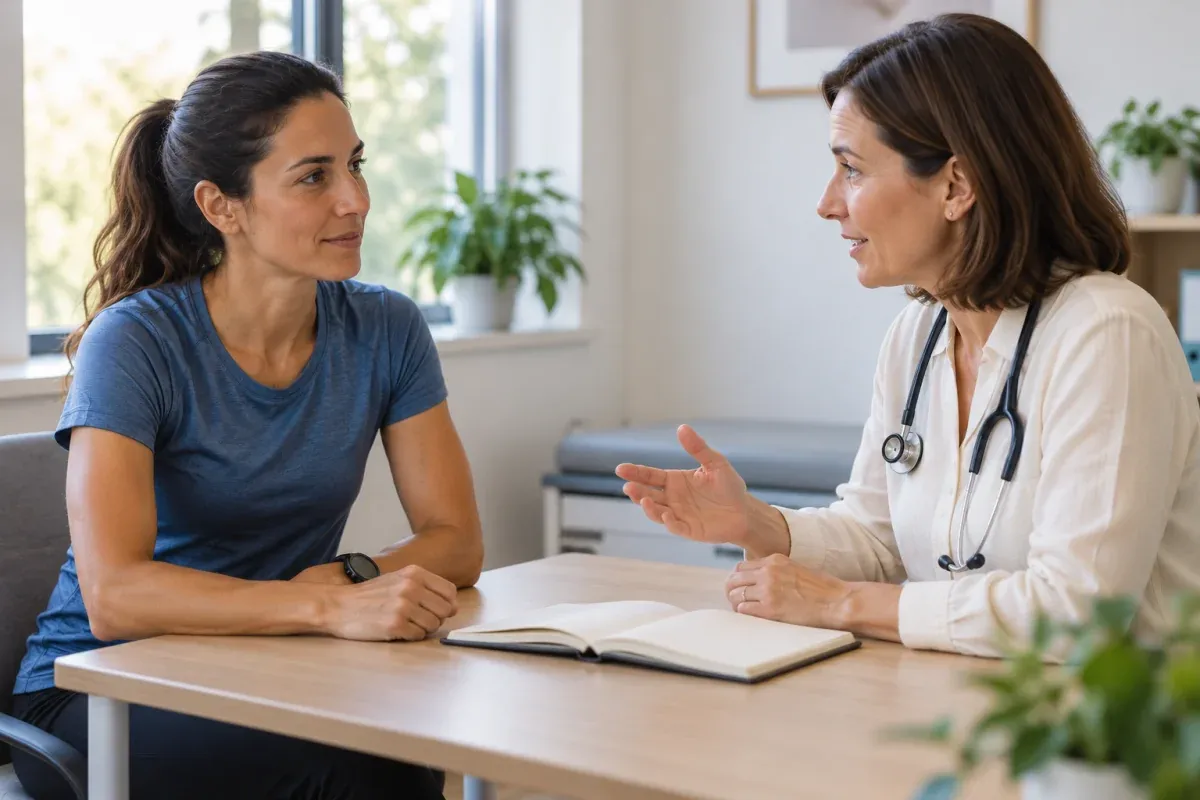 Corredora conversa sobre um caderno aberto com uma médica em um consultório claro